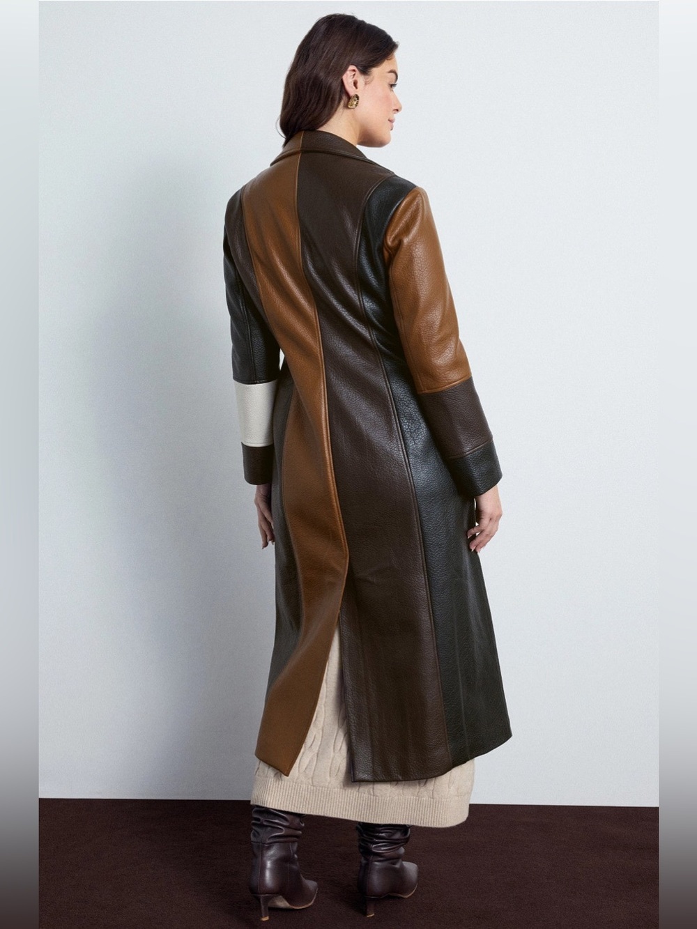 Colorblock Faux-Leather Long Coat in Brown, Dark Brown & Cream - Picture 2 of 9